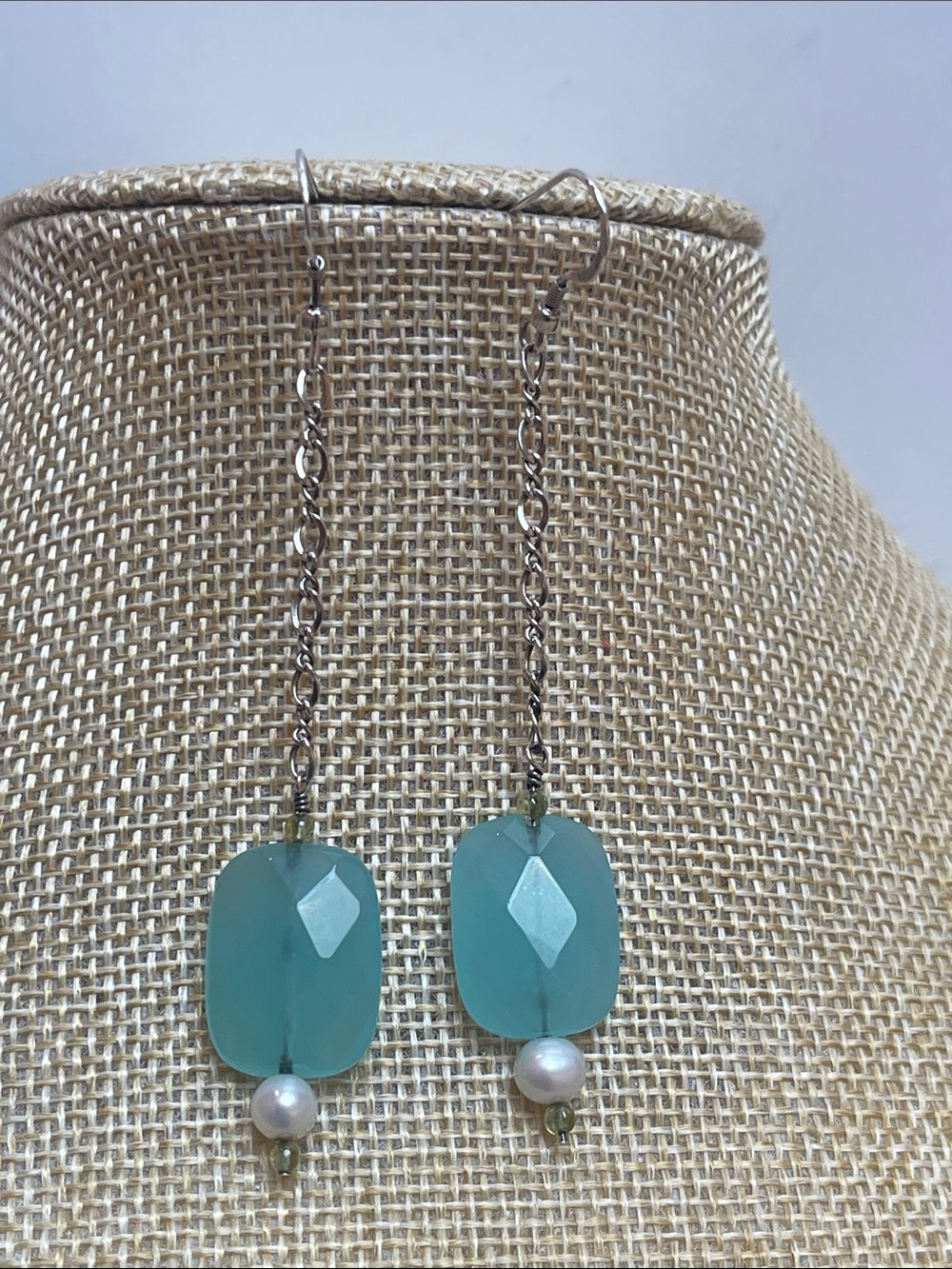 3.5” long artisan 925, green chalcedony and pearl dangle earrings
